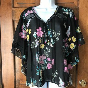 NWT Zac & Rachel Black w/Flowers Pullover Blouse w/Butterfly Sleeves PXL